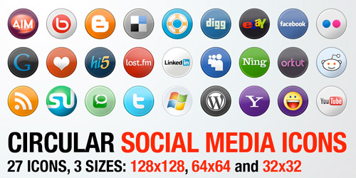 27 Circular Social Media Icons in 3 Sizes